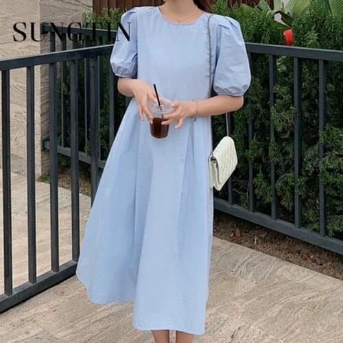Sungtin Casual Lantern Sleeve Folds Dress Women A Line Solid O Neck Kawaii Dress Summer Thin Empire Korea Chic Vestidos 2021 New