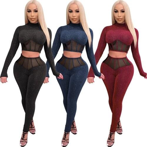 2021 New European And American Womens Mesh Stitching Hollow Sexy Shiny Fashion Slim Two-Piece Suit