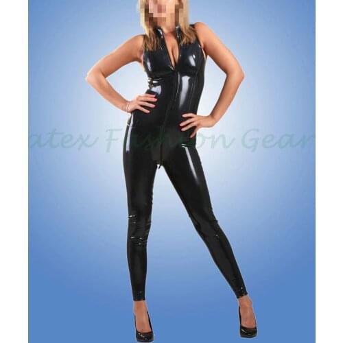 BLack Latex Catsuit front Zipper Sleeveless Rubber bodysuit Jumpsuit overall zentai tights bodysuits