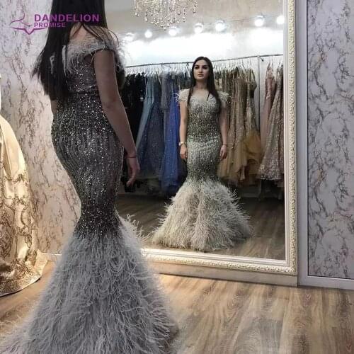 Dubai Sexy Mermaid Evening Dress For Women 2021 Design Luxury Crystal Feathers Sleeveless Formal Party