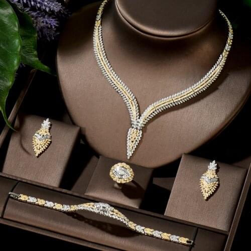 HIBRIDE Elegant 4pcs Bridal Zirconia Jewelry Sets For Women Party Luxury Dubai Copper CZ Wedding Jewelry Sets Bijoux N-1442