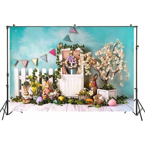 Girl Photography Background Baby Spring Outdoor Photoshoot Backdrop Studio Easter Day Banner Rabbits Wood Door Fence Decors Prop