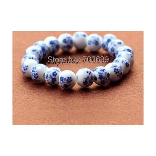Chinese Traditional Blue Flower Ceramic Beaded Bracelet Vintage Ceramic Stretchy Bracelets 12pcs/lot