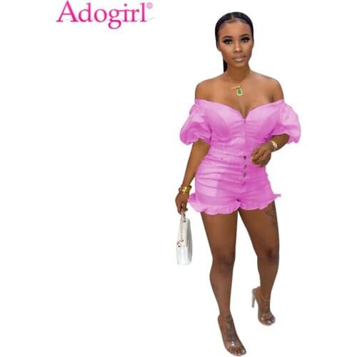 Adogirl Women Two Piece Set Zipper Off Shoulder Short Puff Sleeve Crop Top Ruffle Shorts Summer Casual Suit Fashion Clothing