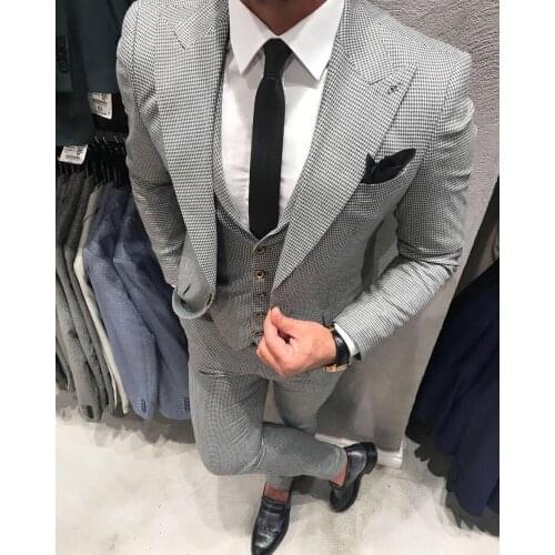 New Style Groomsmen Houndstooth Groom Tuxedos Peak Lapel Men Suits Wedding Best Man 3 Pieces ( Jacket+Pants+Vest+Tie ) C840