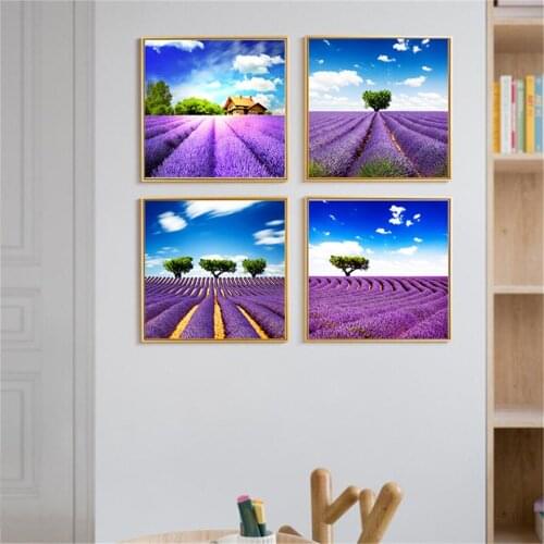 Lavender and Tree Blue Sky Home Decor Canvas Wall Art Painting Picture Purple Flowers Provence Live Painting Modern Landscape
