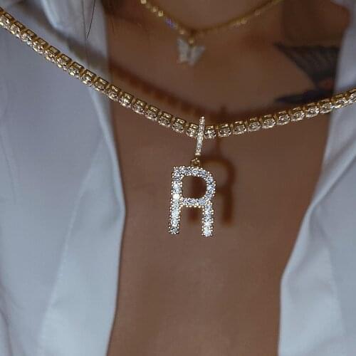 18K Gold Plated Trendy CZ Initial Necklace Diamond Iced Tennis Personalized Name Choker Necklace Initial Letter Pendant Necklace