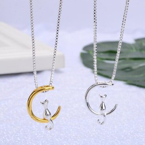 Fashion Cat Moon Pendant Necklace Women Party Charm Long Necklace Cute Cat Chain Necklace Jewelry Christmas