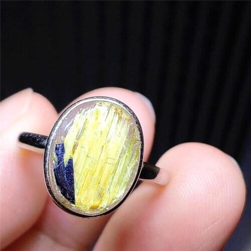 Genuine Natural Gold Rutilated Quartz 14x10mm Adjustable Men Ring Crystal Oval 925 Sterling Silver Wealthy Stone Ring AAAAAA