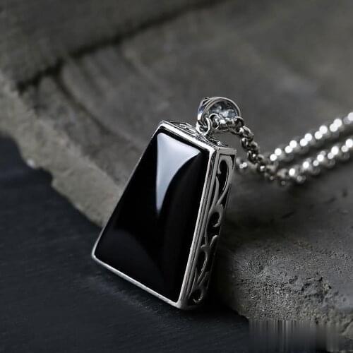 Original design geometric black agate pendant necklace retro domineering creative male and female charm brand silver jewelry