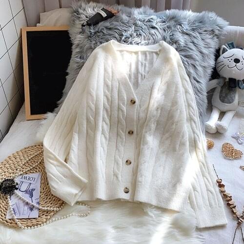 Casual homewear all match women sweater 2020 winter new loose v-neck button solid female cardigan coat tops