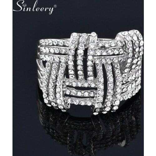 SINLEERY Big Hollow Weave Shaped Micro Pave Crystal Rings for Women Silver Color Statement Jewelry Anillo Anel JZ054 SSC