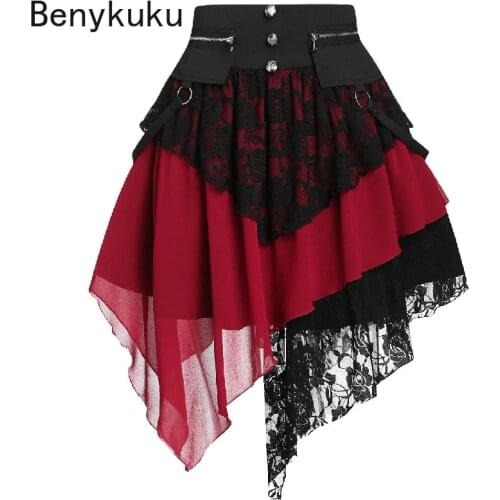 Gothic Punk Irregular Lace Skirt Women High Waist Patchwork Rock Belt Short Retro Skirt for Girls Plus Size 5XL Streetwear Skirt