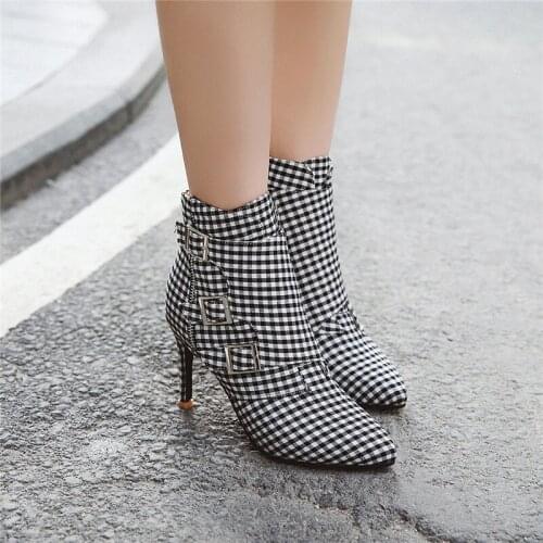 YMECHIC Gray Pink Plaid Sexy Thin High Heels Stiletto Boots Buckle Strap Womens Shoes Pointed Toe Sweet Ladies Party Shoes 2019