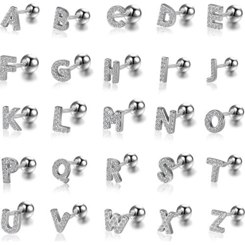 INZATT 1 Piece Real 925 Sterling Silver Zircon 26 Letter Stud 14K Earrings For Women Punk Fine Jewelry Accessories Drop shipping