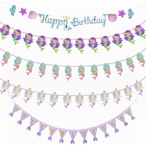 1 Set Mermaid Banner Happy Birthday Paper Garland Ocean Mermaid Theme Kids Birthday Party Baby Girl Favors Hanging Decoration 7