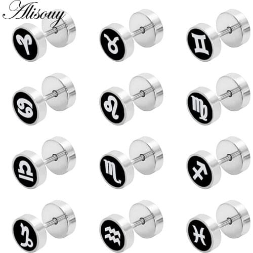 Alisouy 1 pair fashion Twelve constellations stud earrings Double Sided Stainless Steel Earrings for men women couple ear plug