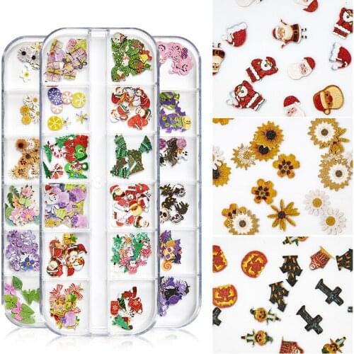 12 Grids Boxed Nail Art 3D Decorations Set Mixed Wood Flakes For Manicure Halloween Design Christmas Butterfly Sequins