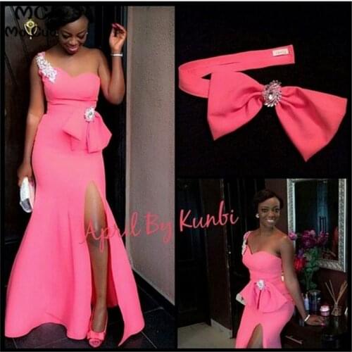 2019 South African Mermaid Evening Dresses Long Elastic Satin Front Slit Bow One Shoulder Prom Gown Evening Dress Custom Made