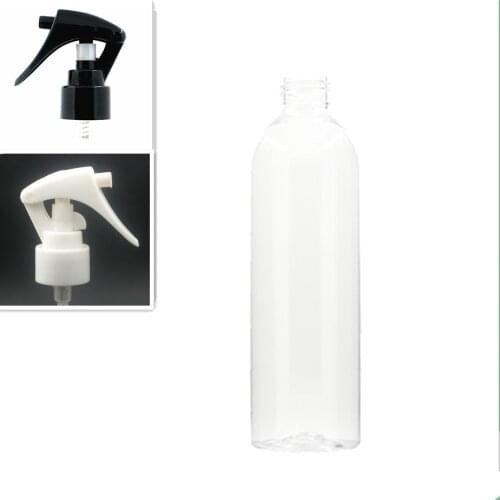 250ml empty round Plastic Bottles, clear PET bottle with white/black trigger sprayers