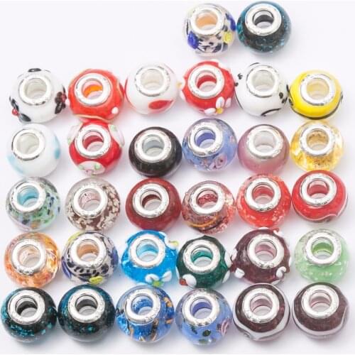 50pcs/Lot Mixed 10*14mm Murano Glass Lampwork Bead Big Hole Silver Core Charm For DIY Pandora European Charm Bracelet feng0004