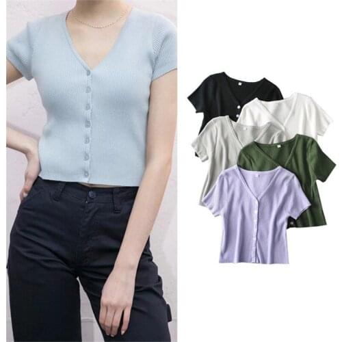 Cardigan Women Fashion V Neck Short Sleeve Button Up Top Cardigan Slim Casual Summer T-Shirts 2021 Women New Crop Tops Cardigans