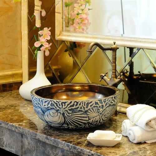 European-style China Jingdezhen art counter top carved black inner gold ceramic hand-painted ceramic sink