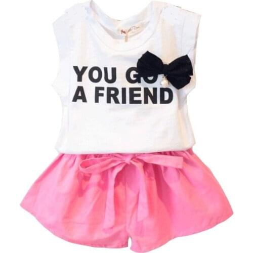 Toddler Girls Clothes Set Summer Cute Kids Cotton Bow Letter Print Short Sleeve T-Shirt / Casual Shorts 2pcs Childrens Clothing