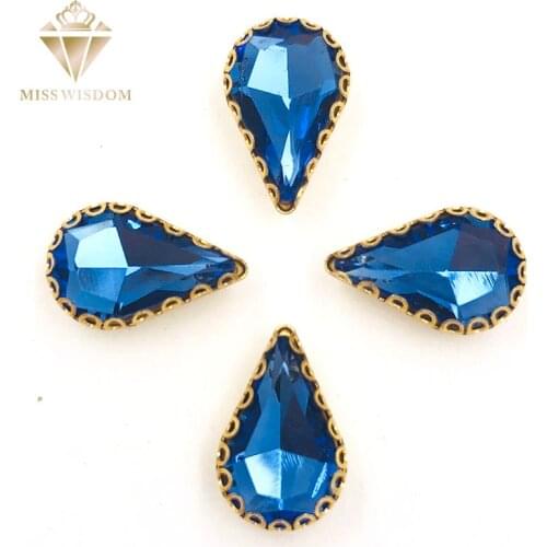 Hot selling8X13mm Light blue teardrop sew on rhinestones gold base with hole glass crystal pear shape rhinestone Diy accessories