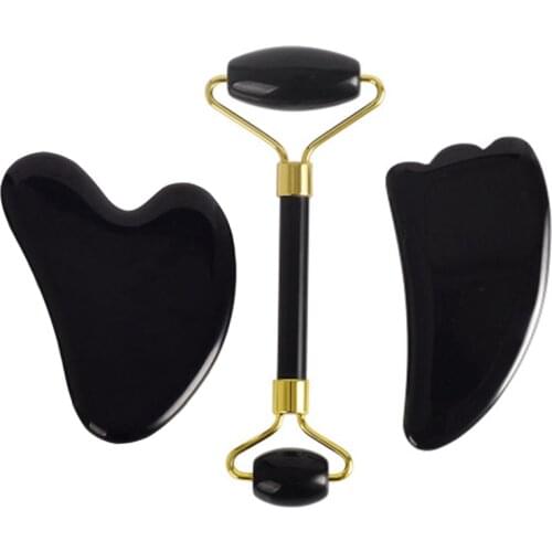 Natural Black Obsidian Massage Roller Double Head Jade Facial Massager Gua Sha Board Skin Care Tool Set Black Stone Jade Roller