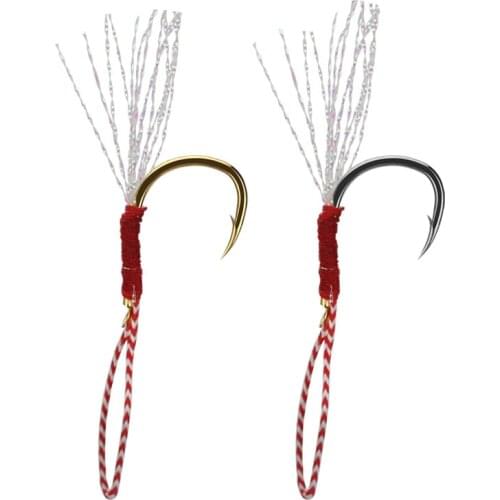 5pcs Metal Jig Assist Hook With PE Line Feather Split Jigging Spoon Saltwater Hi-Carbon Steel Fishhook Spoon jig lead lure hooks