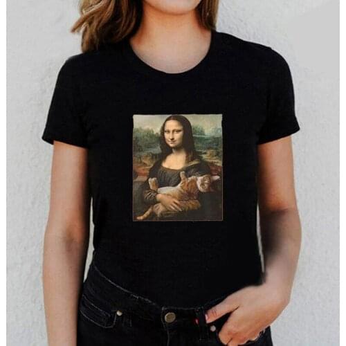 Fashion Oil Painting Mona Lisa and Cat T Shirt Women Tops Summer Short Sleeve Harajuku Tee Shirt Femme Casual Camiseta Mujer