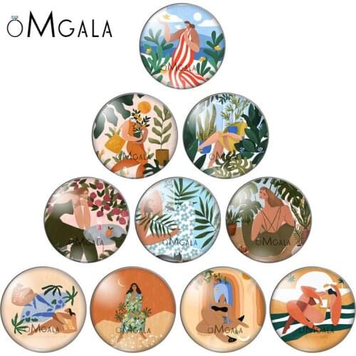 Fashion Women and Beach Illustration 10pcs 12mm/14/16/18mm/20mm/25mm Round photo glass cabochon demo flat back Making findings