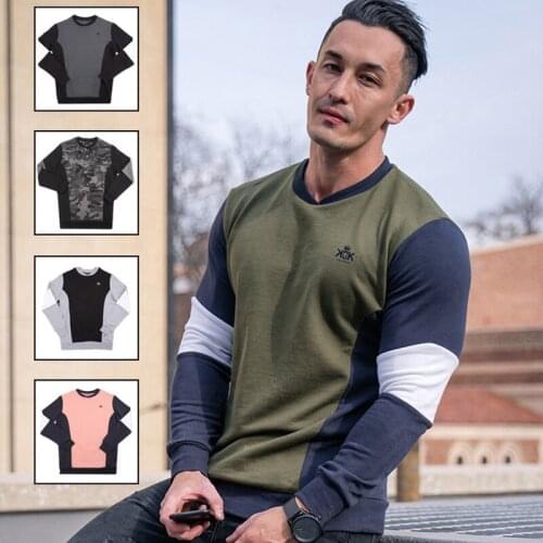 2021 new sweater mens spring and autumn round neck color matching tide brand casual pullover outdoor sports hoodless jacket