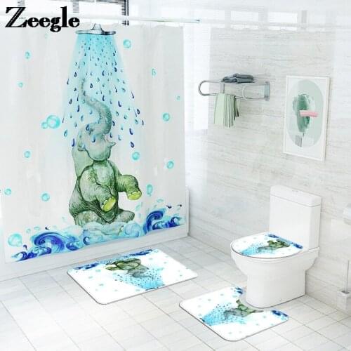 Anti-slip Bath Mat Cartoon Style Bathroom Carpet Rug Toilet Mat Set Flannel Shower Curtain Set Shower Room Absorbent Floor Mat