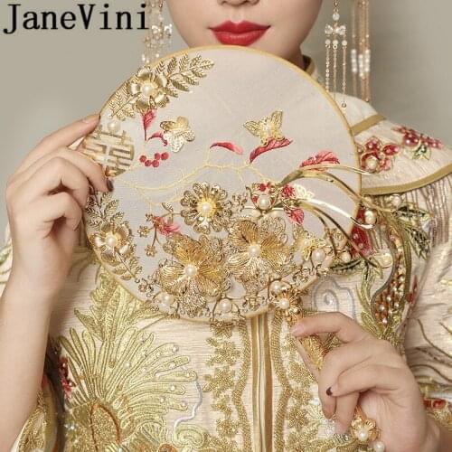 JaneVini Luxury Pearls Chinese Style Bridal Fan Bouquets Gold Round Ancient Wedding Bride Flower Bouquet Hand Holder Fans Nozze