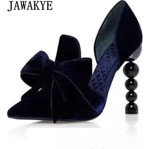 Blue Velvet Pearl Heels Pumps Women Pointy Toe Bowknot Embellished High Heels Elegant Floral Printed Party Shoes Woman Plus Size