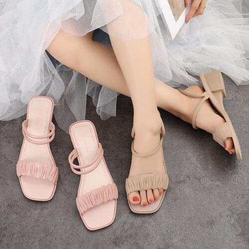 Summer Thin Womens Shoes 2021 Korea Fashion Casual Sexy Square Head Block Heels Slippers Peep Toe Office White Female Sandals