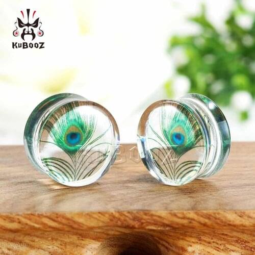 New Peacock Feather Design Simple Ear Percing Plugs Tunnels Transparent Arylic Ear Gaugus Fashion Gift Body Jewellery 2pcs