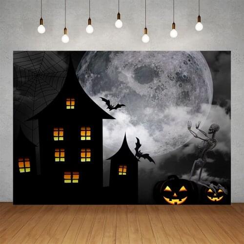 Spooky Black House Skeleton Moon Halloween Party Photo Backgrounds Vinyl Backdrop for Children Baby Photocall Photography Prop