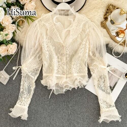 2020 spring aututmn new womens V-neck lantern sleeve gauze blouse shirts female elegant ruffles mesh shirt lace tops