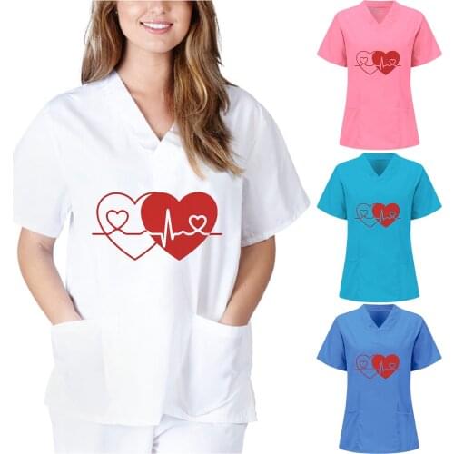 Women Short Sleeve V-neck Loose Comfortable Working Uniform Love Heart Printing Daily Shirt Working Uniform T-Shirt Carer Top