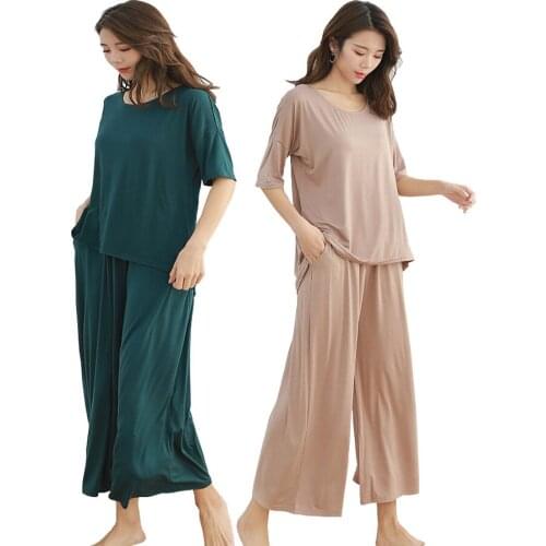 Women Pajamas Sets 2pcs Short Sleeve Shirt +Ankle-Length wide-legged Suit Loose Sleepwear Casual Loungerwear Home Wear