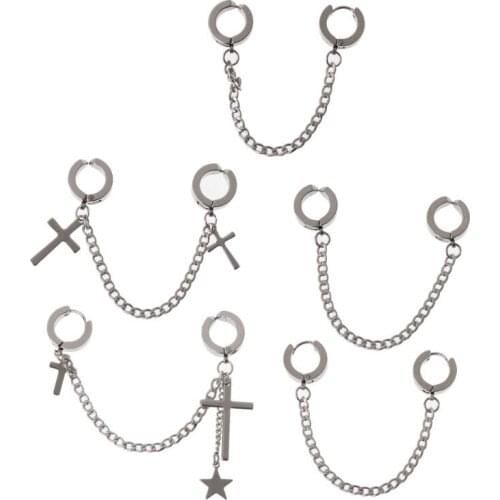 1Pc Hip Hop Double Pierced Hoop Huggie Dangle Chain Drop Earring Studs Ear Cuffs