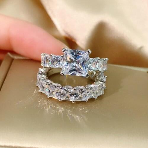 100% 925 Sterling Silver Square Cut Simulation Moissanite Gemstone Wedding Engagement Ring Sets Fine Jewelry