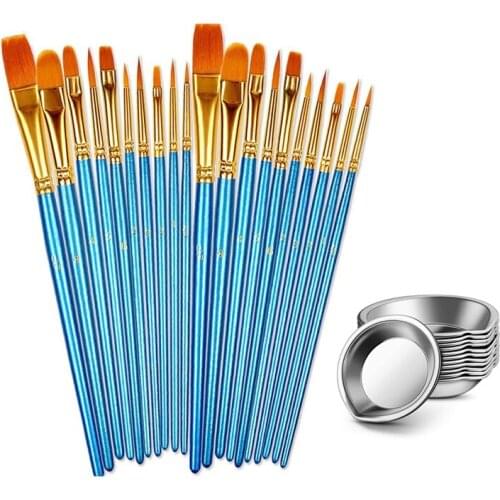 20 Pcs Round Pointed Tip Paint Brushes Hair Artist Acrylic Paint Brushes & 12 Pcs Makeup Palette Small Round Paint Tray