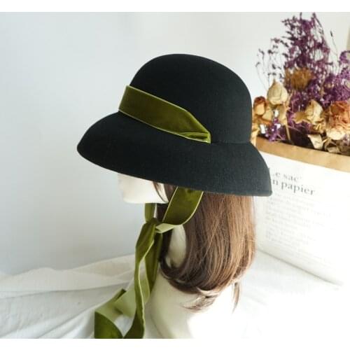 202011-panshi- Hepburn style grace color velvet ribbon lady wool bucket cap women fishermen hat