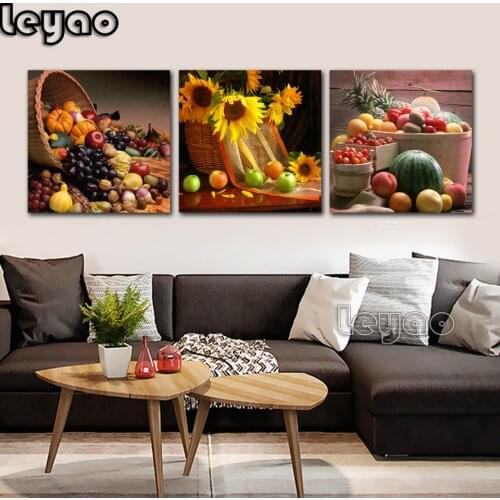 3 pieces 5d diamond Painting Restaurant Fruit Grape Pumpkin Wall Art Diamond Embroidery Triptych Picture For Kitchen Decoration