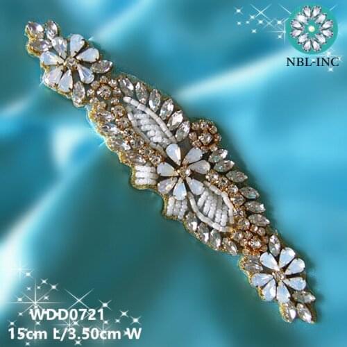 30pcs) Wholesale bridal hand beaded sewing gold crystal rhinestone applique patch for wedding dresses WDD0721