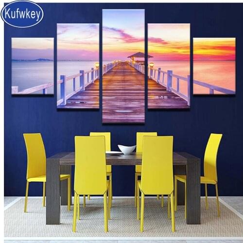 5 Pieces diamond painting Sunrise Seascape picture of rhinestone cross stitch kits diamond embroidery Wooden Bridge mosaic art